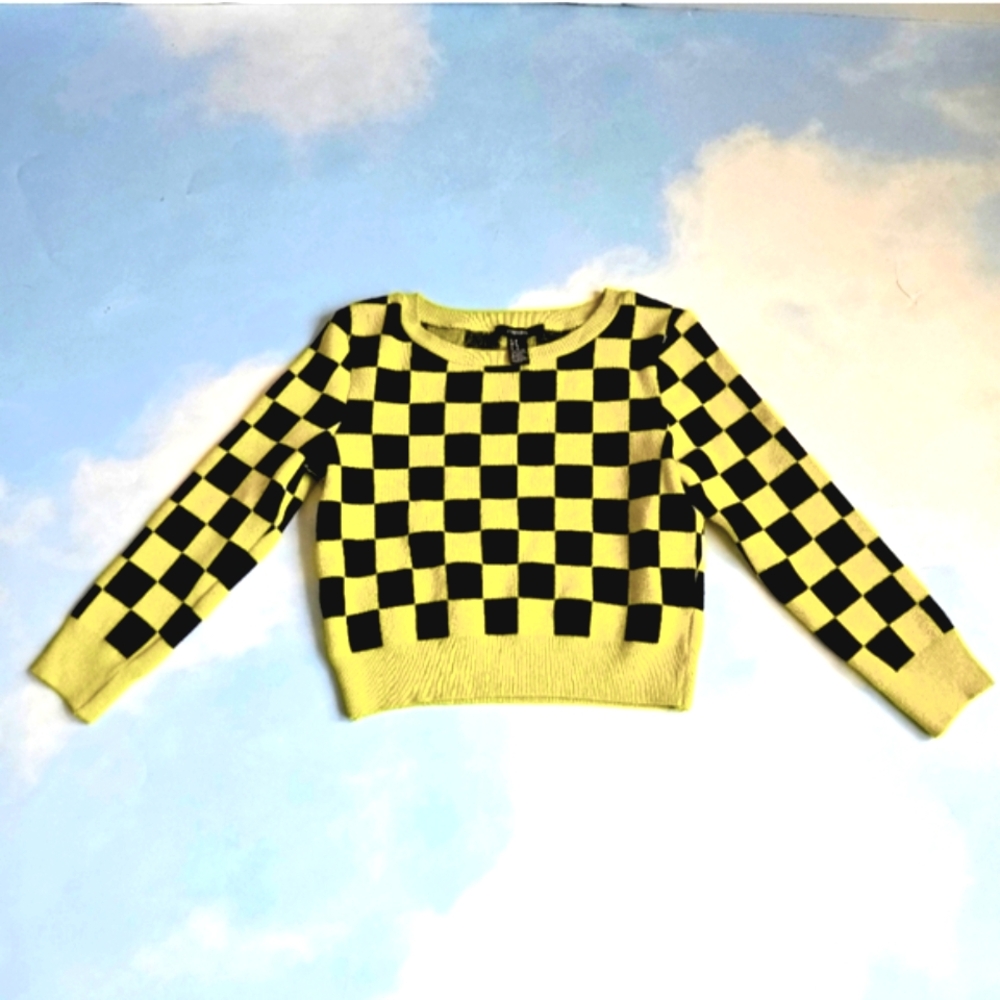 Green Funky Checkered Sweater Varsity College Party Top